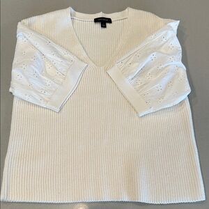 Ann Taylor Cream/White Short‑Sleeve Knit Top with Eyelet Sleeves